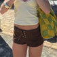 Y2K Faux Suede Lace Up Mini Shorts for Women Low Rise Drawstring Waist Side Lace Up Hot Pants Casual Summer Rave Party