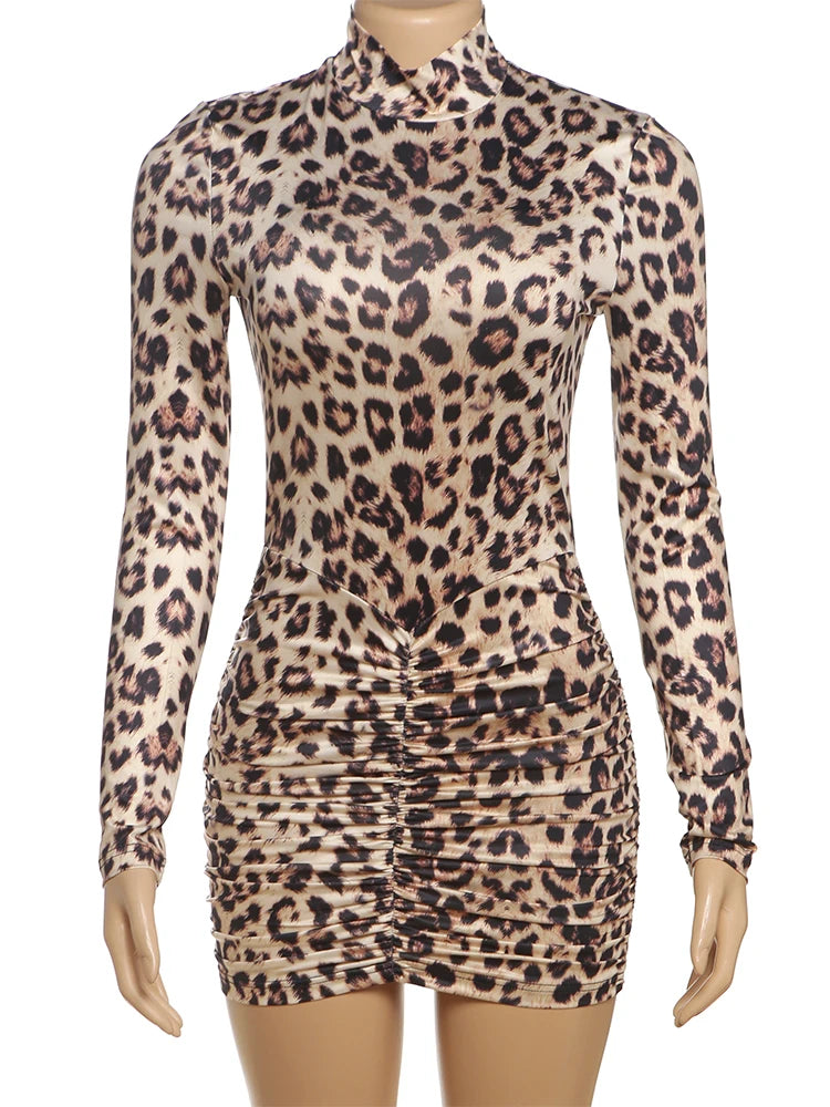 Leopard Print Dress Women Hipster Turtleneck Long Sleeve Folds Stretch Skinny Sexy Midnight Hottie Fall Mini Bodycon