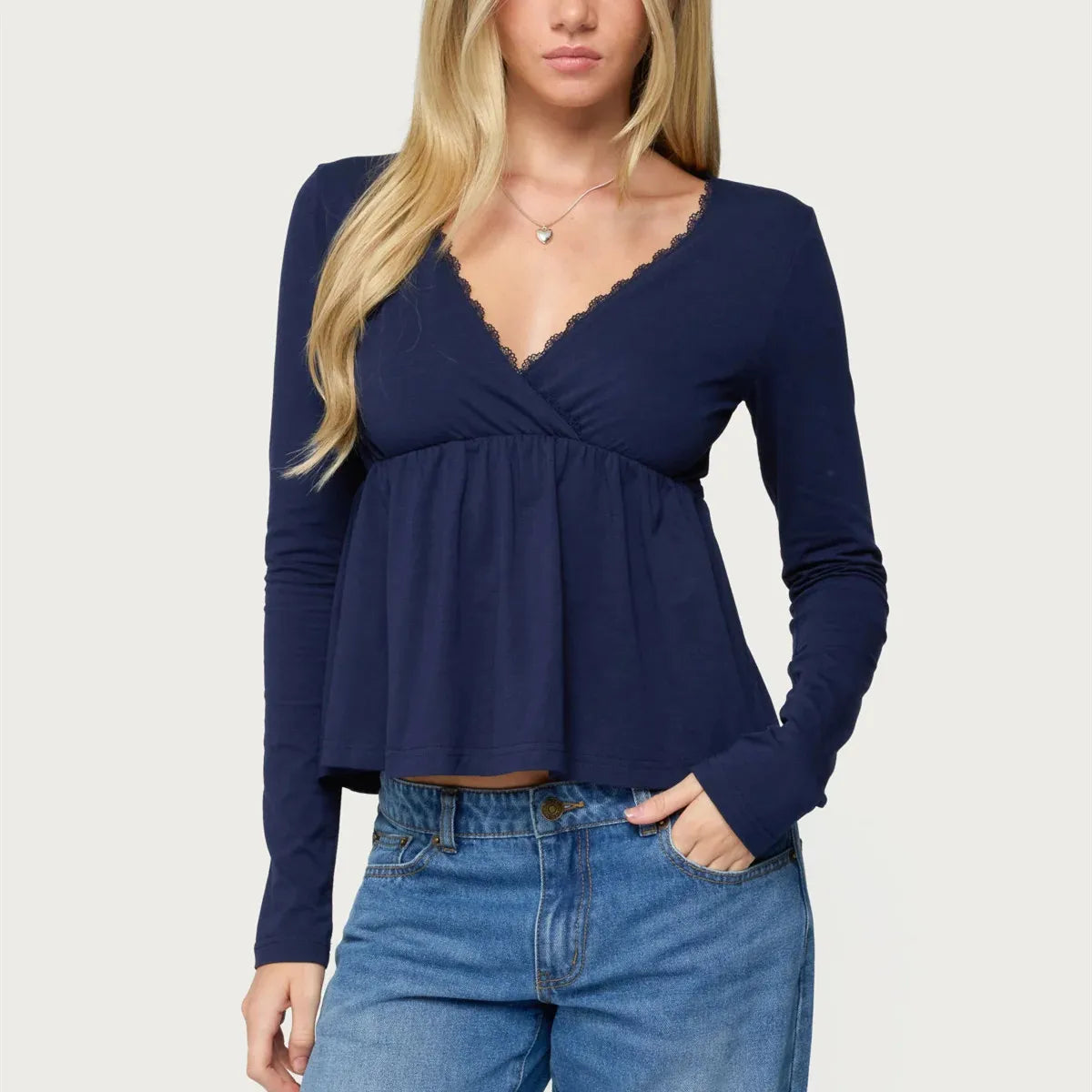 Women Lace Trim Babydoll Tops Long Sleeve V Neck Slim Aesthetic Shirts Girls Cute Peplum Shirt Y2k Fall Coquette Blouses
