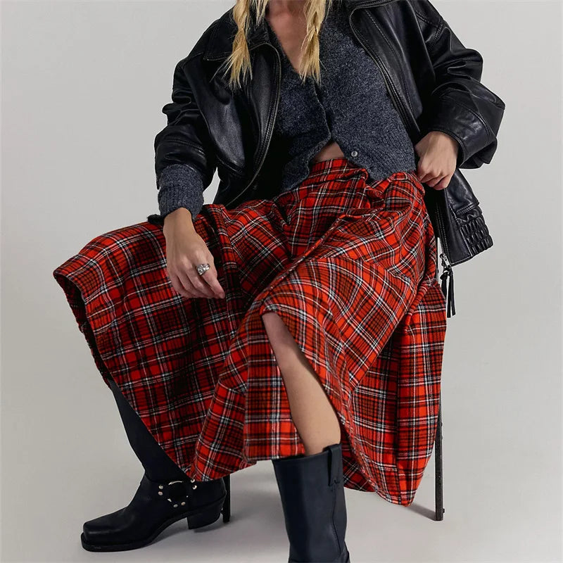 Vintage Asymmetrical Plaid Maxi Skirt for Women Gothic Pirate Elastic Waist A-Line Pleated Long Skirts Y2K Streetwear