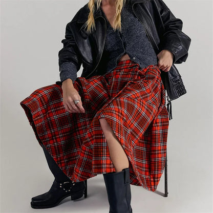 Vintage Asymmetrical Plaid Maxi Skirt for Women Gothic Pirate Elastic Waist A-Line Pleated Long Skirts Y2K Streetwear