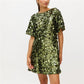 Women's Green Sequins Shift Mini Dress with Round Neck Short Sleeve Back Bow Tie Sparkly Party Club Evening Dress