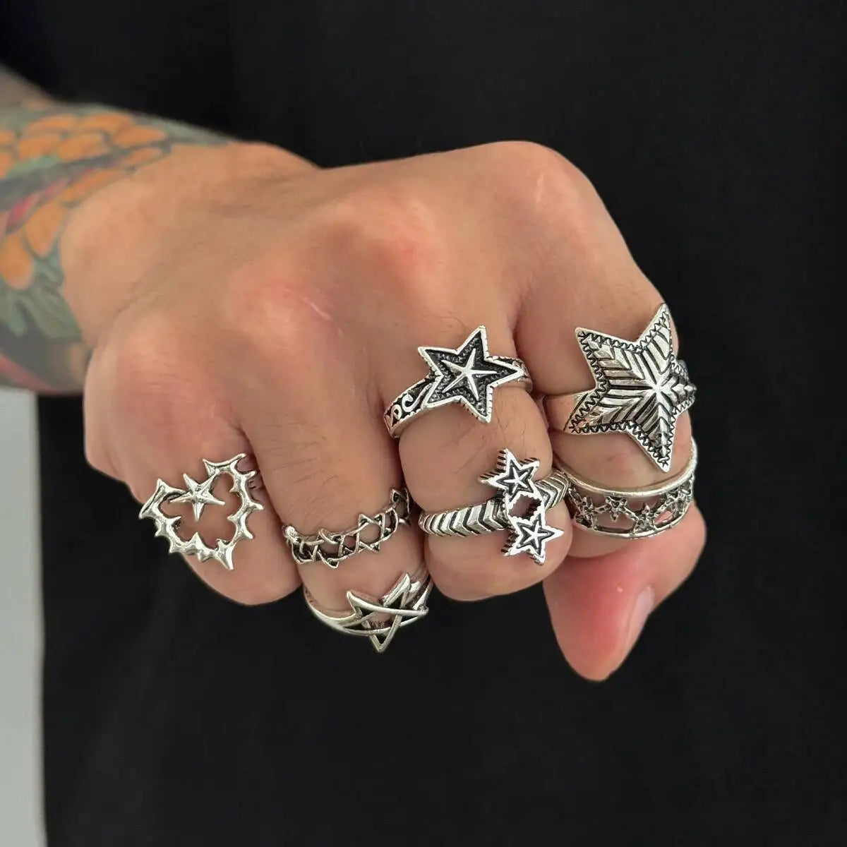7Pcs/Set Gothic Five-Pointed Star Adjustable Open Rings For Men Trendy Punk Love Heart Finger Ring Daily Party Jewelry New