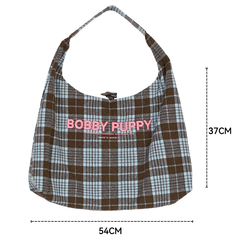 Y2K Korean Plaid Letter Embroidery Large Capacity Tote Bag For Women