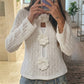 3D Floral Crochet Mesh Top Women Hollow See Through Flare Sleeve Keyhole Rose Button Cropped Knit Blouse Travel Dating