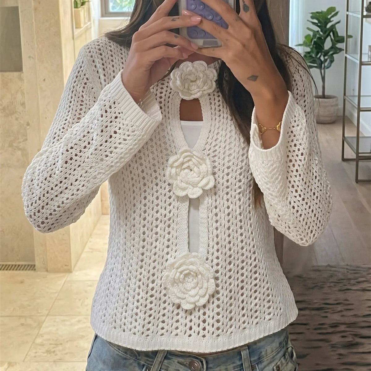 3D Floral Crochet Mesh Top Women Hollow See Through Flare Sleeve Keyhole Rose Button Cropped Knit Blouse Travel Dating