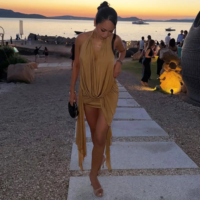 Sexy Open Back Mini Dress Plunging Cowl Neck Cascading Side Drapes Beach Vacation Dresses for Woman