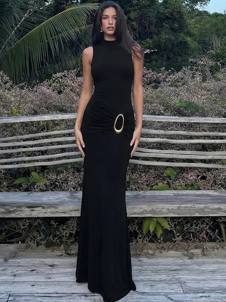 Turtleneck Sleeveless Sexy Maxi Dress Women Gown Elegant Black Metal Buckle Ruched Bodycon Club Party Long Dresses
