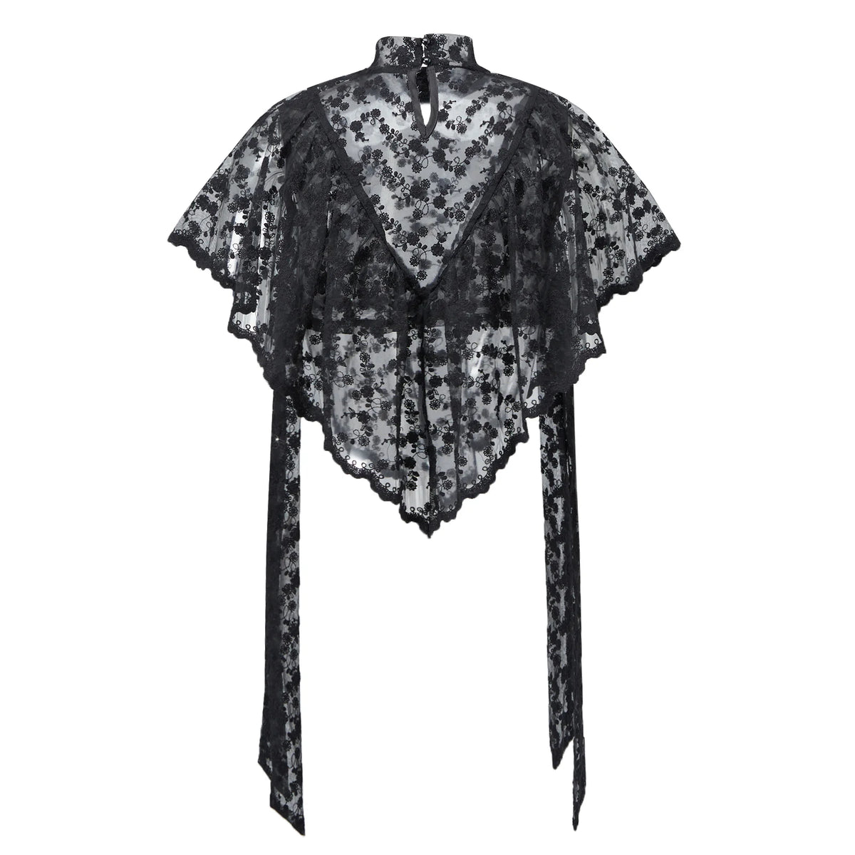 Y2K Fairy Mesh See Through Casual High Neck Looseshawls Women Floral Lace Embroidery Shawl Tops Asymmetrical Streetwear