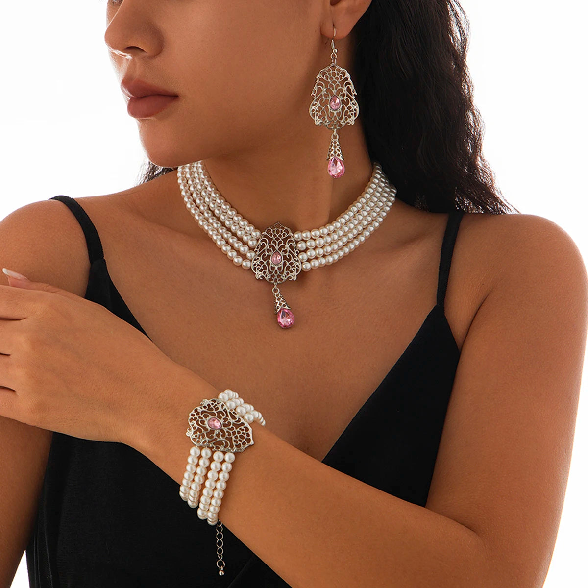 Luxury Multilayer Imitation Pearl Rhinestone Chain Necklace Bracelet Women Wed Bridal Tassel Drop Earrings Jewelry Set