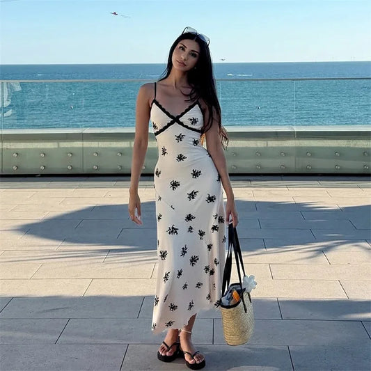 Floral Print Summer Dress French Style Elegant Deep V Neck Sleeveless Backless Long Dresses for Woman 2026