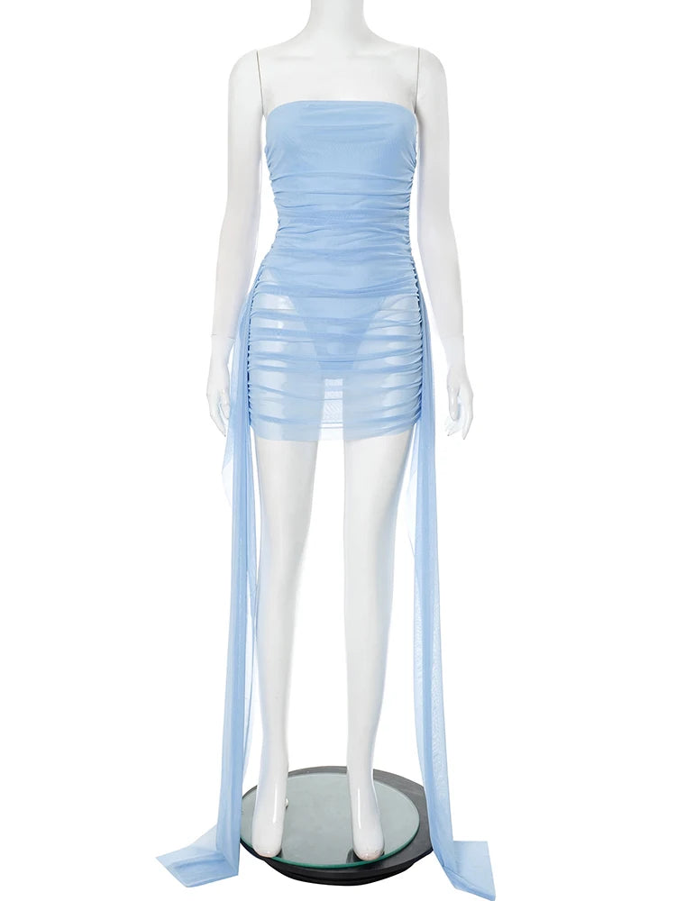 Through Dress Women Backless Sleeveless Tassel Double Deck Pleated Sexy Midnight Clubwear Party Mini Bodycon