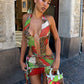 Peach Butt Colorful Print Dress Women Tassel Ruffles Halter Bandage v-Neck Backless Patchwork Mesh Sexy Midnight Bodycon