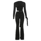 Irregular Knot 2-piece set Women Patchwork Full Sleeve Hollow Top+Flare Pants Sexy Tassel Stretch Clubwear Overalls