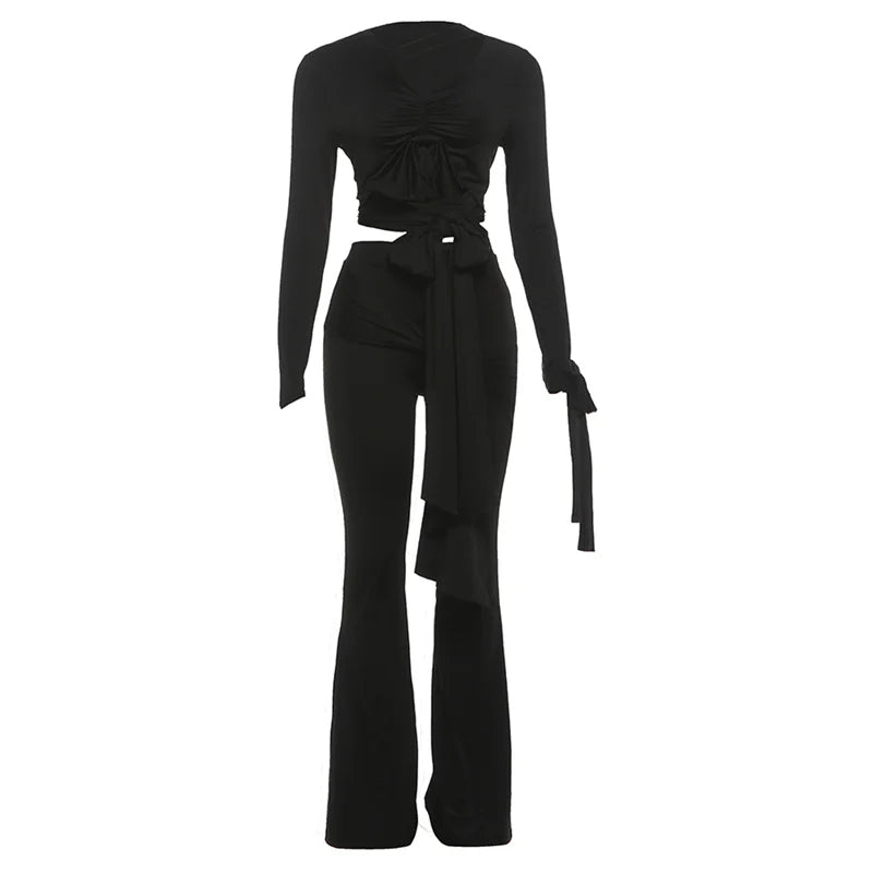 Irregular Knot 2-piece set Women Patchwork Full Sleeve Hollow Top+Flare Pants Sexy Tassel Stretch Clubwear Overalls