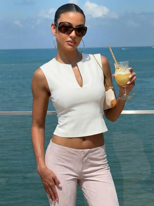 V Neck Sleeveless T Shirts Black White Crop Tops Woman Summer Clothes Fashion 2026