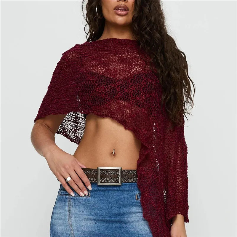 Women Knitted Poncho Loose See Through Boat Neck Off Shoulder Asymmetrical Crop Coverup Tops Summer Beachwear