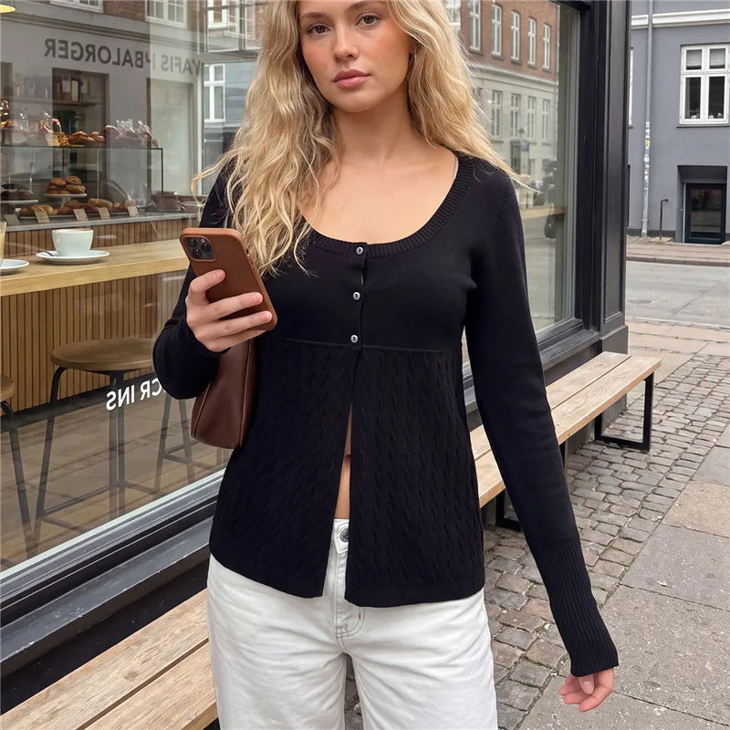 Women Fall Daily Cable Knit Cardigan U Neck Striped Single Breasted Button Front Long Sleeve Lightweight Knit Outer Top