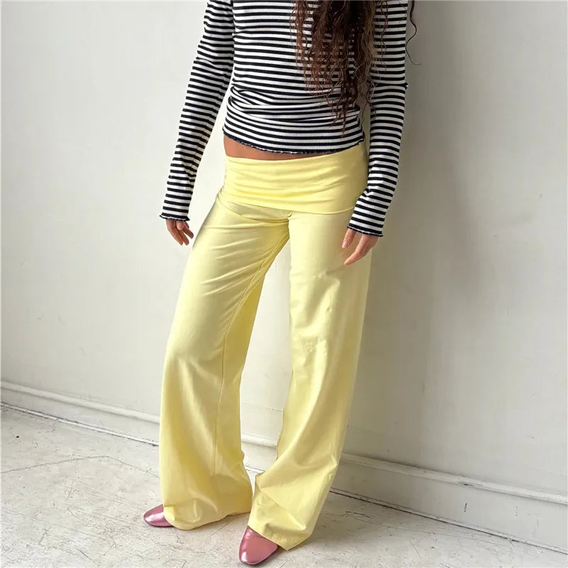 Women Wide Leg Pants Solid Fold Over Waist Casual Trousers Spring Fall Straight Leg Sweatpants Bottoms Y2K Streetwear