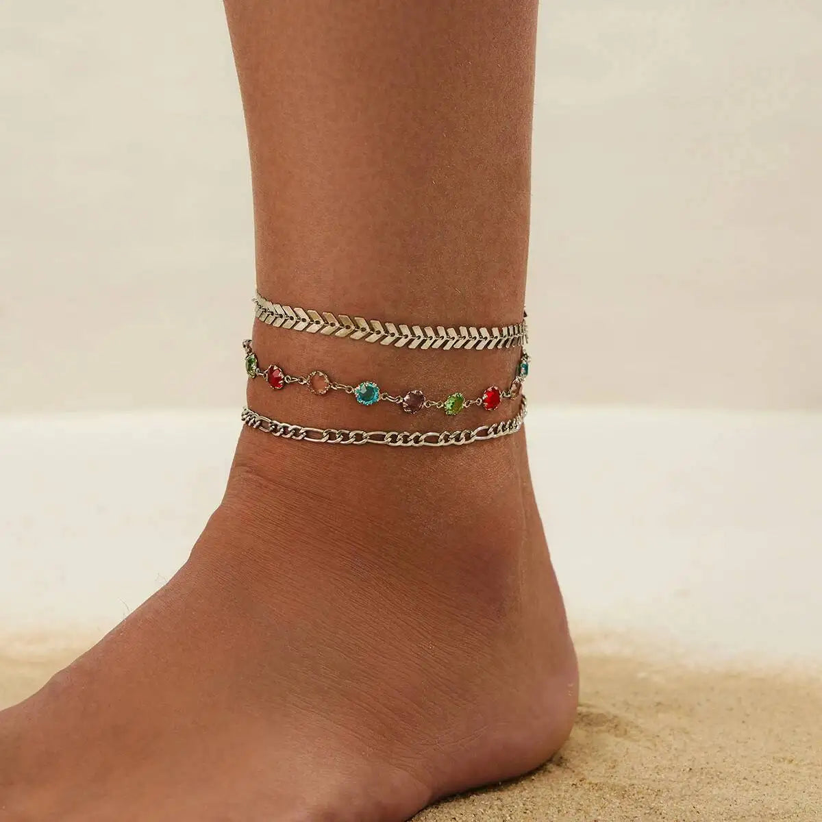 Y2K Boho Colorful Crystal Chain Anklet for Women Summer Beach Trendy Exquisite Barefoot Ankle Bracelet Leg Jewelry Gift