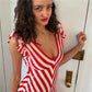 Womens Striped Midi Bodycon Dress Deep V Neck Ruffle Sleeve Red White Chevron Print Slim Fit Side Split Party Dress