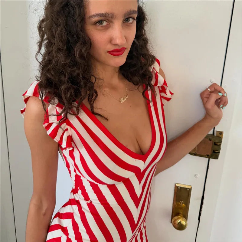 Womens Striped Midi Bodycon Dress Deep V Neck Ruffle Sleeve Red White Chevron Print Slim Fit Side Split Party Dress