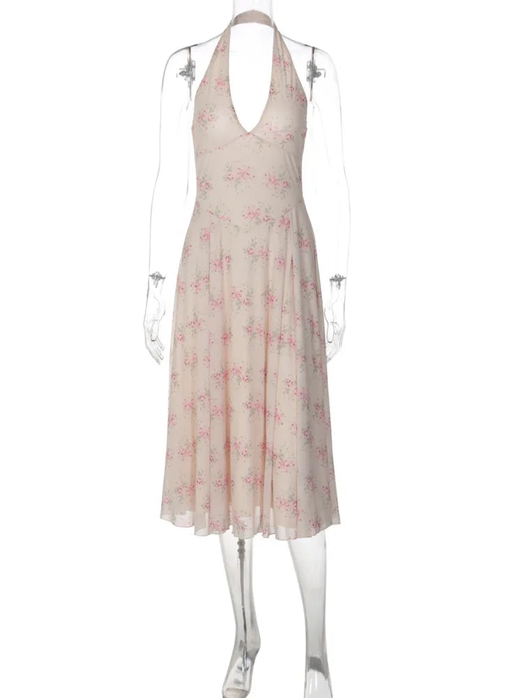 Halter Floral Print Sexy Midi Dress Women Elegant Deep V Neck Off-shoulder Sleeveless Backless Pleated Club Party Dress
