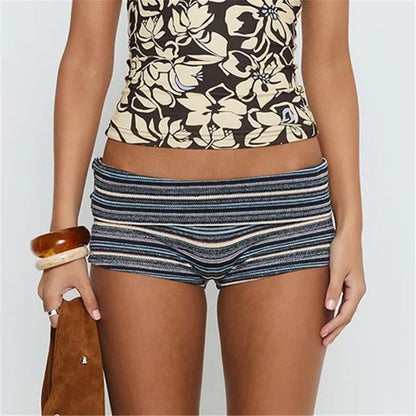 Chic Striped Knit Shorts Low Waist Folded Waistband Bodycon Mini Shorts for Date Night and Elegant Summer Occasions