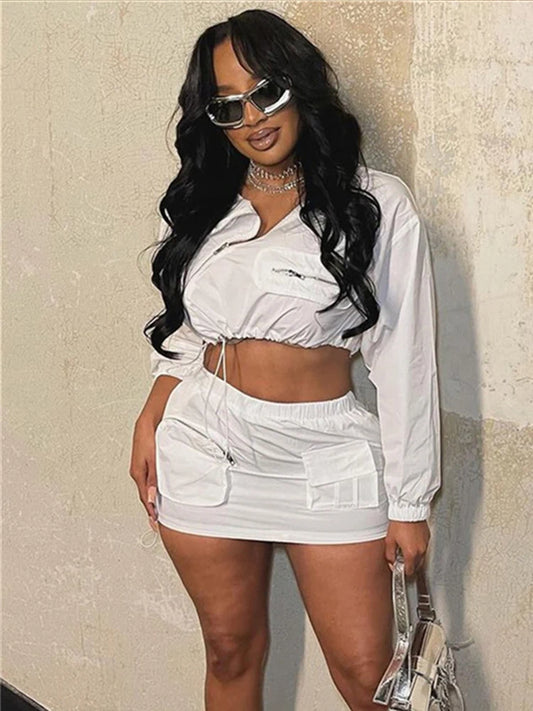 Multiple Pockets Style 2 Piece Set Women Irregular Zipper Shirring Jacket+Peach Hip Skirts Hottie Hipster Streetwear
