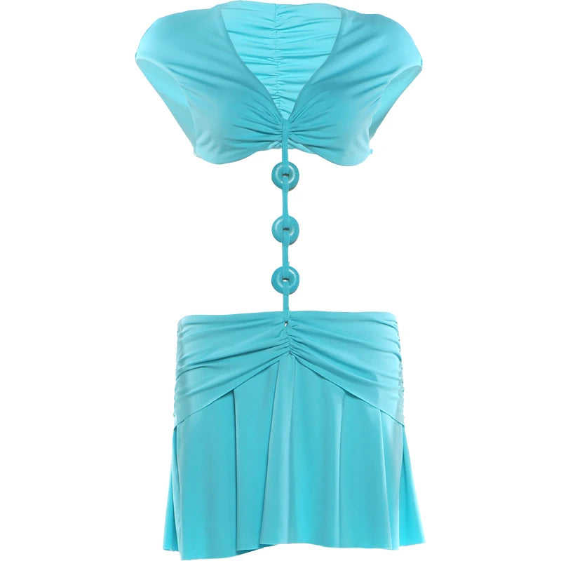 Sexy Hollow Design Mini Dress Woman Summer Trend V-Neck Buckles Patchwork Waistless Hot Girls Elegant Chic Bodycon