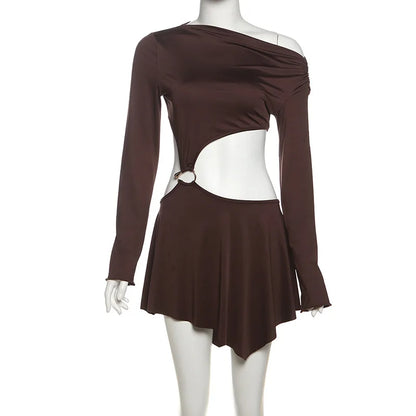 Sexy Hollow Mini Dress Women Skew Collar Off Shoulder Full Sleeve Rings Patchwork Waistless Ruched Elegant Outfits