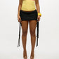 Women Textured Knit Mini Skirt Summer Fashion Solid Color Low Rise Short Skirts with Long Fringe Side Ties and Raw Edges