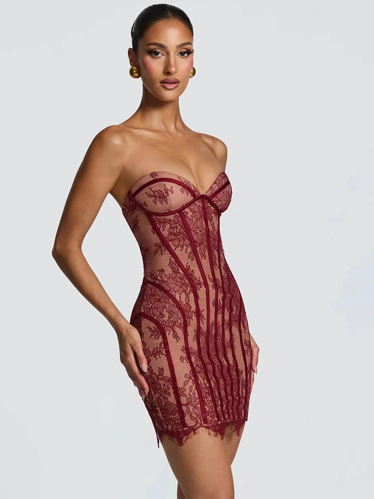 Lace Strapless Mermaid Mini Dress Women Sweetheart Neck Sheer Mesh Bodycon Short Gown Evening Party Cocktail Vestidos