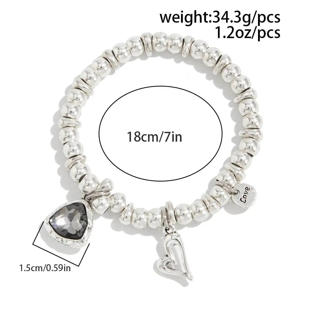 Retro Black Acrylic Heart Pendant Bracelet Adjustable Silver Chain Trendy Creative Women's Party Jewelry Gift