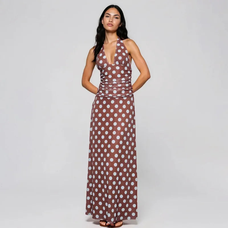 Polka Do Deep V Neck Backless Maxi Dress Vacation Outfits for Woman Elegant Summer Dresses 2026
