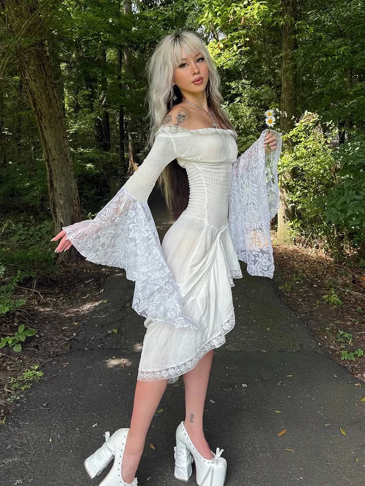 Lace Irregular Patchwork Dress Women Slash Neck Jacquard Flare Sleeve Sexy Birthday Halloween Stretch Skinny Bodycon