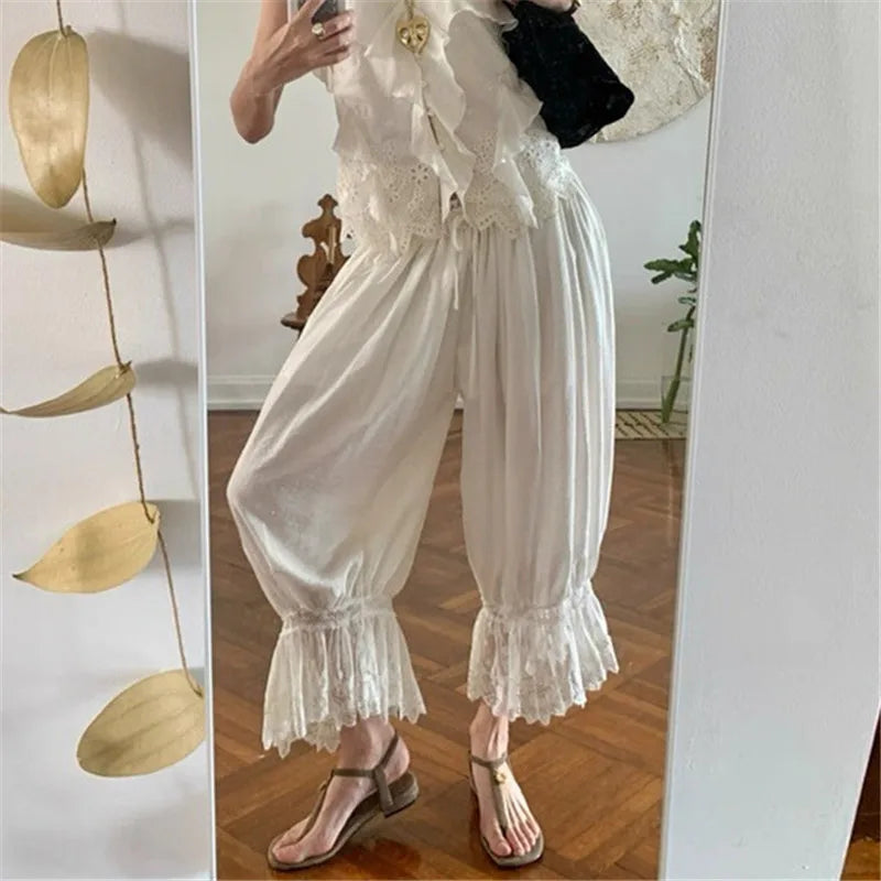 Solid Elastic Mid Rise Ruffle Pantaloons Cropped Flared Slips Pants Pajama Bottoms Women Y2K Lace Trim Hem Long Bloomers