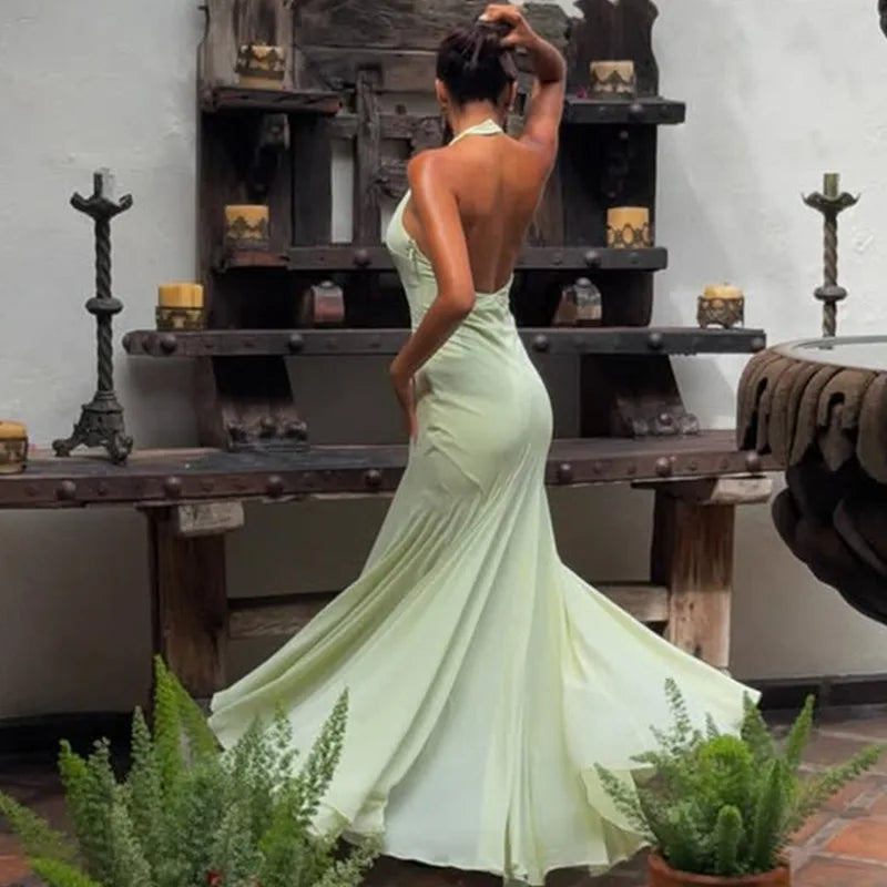 Green Mesh Flowy Elegant Dress Deep V Neck Backless Long Dresses for Woman Party Sexy Outfits