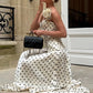 Elegant Polka Dot Print 2 Piece Set Woman 3d Flower Decoration Low-Neck Backless Camisole+Long Skirts Ruched Chic Outfits