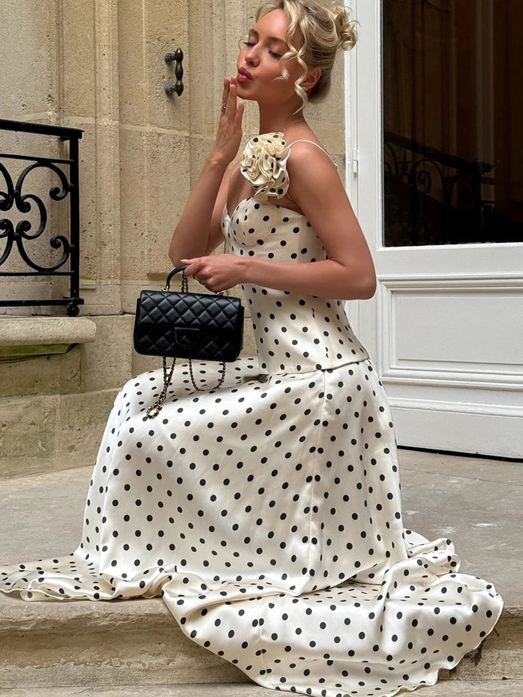 Elegant Polka Dot Print 2 Piece Set Woman 3d Flower Decoration Low-Neck Backless Camisole+Long Skirts Ruched Chic Outfits