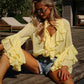 Elegant Women Ruffle Sheer Blouse Casual Loose V Neck Long Sleeve Shirts for Spring Summer Vintage Streetwear