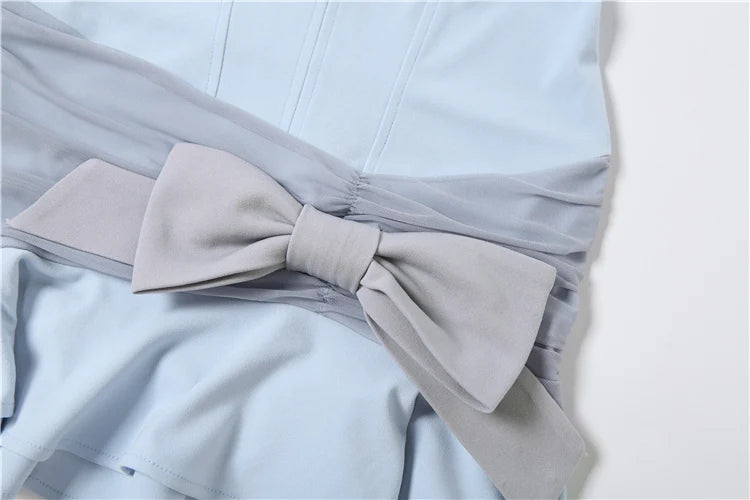 Patchwork Dress Women Bow Decoration v-Neck Ruffles Sleeveless Skinny High Elasticity Sweet Fashion Mini Bodycon