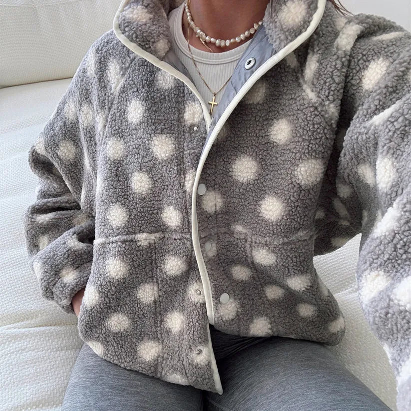 Womens Winter Warm Fleece Jacket Y2K Streetwear Polka Dot Pattern Long Sleeve Lapel Button Down Sherpa Coat Outerwear