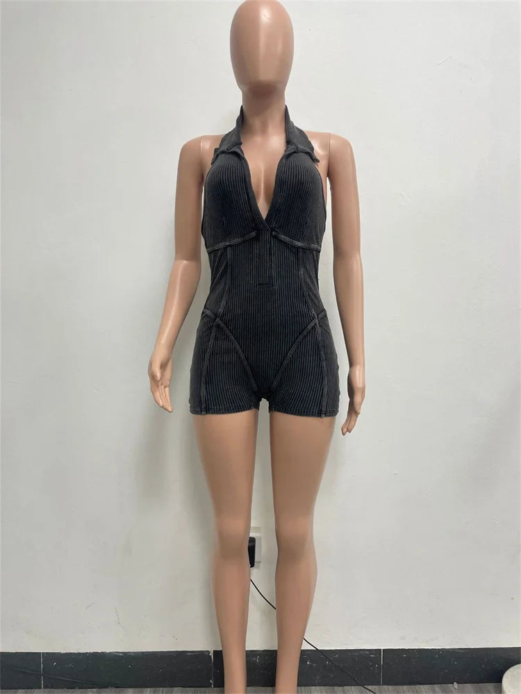 Ribbed Distressed Playsuits Women Halter Tight Backless Sleeveless Summer Trend Sexy Street Stretch Skinny Fit Romper