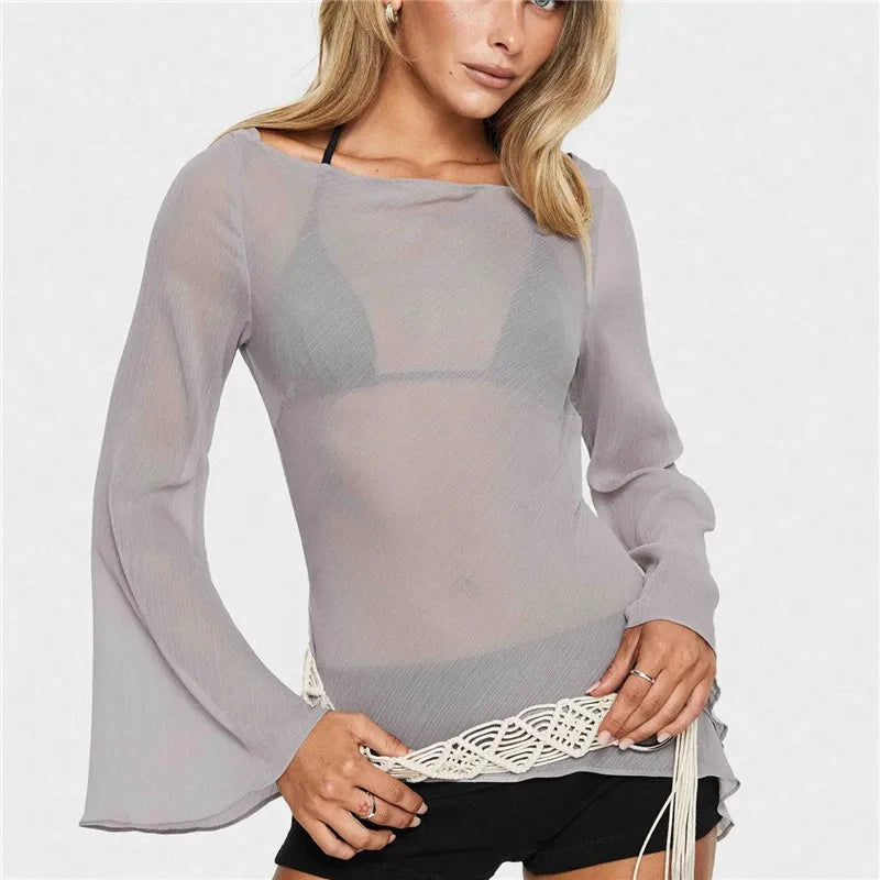 Women's Sheer Mesh Cover Up Top Long Flare Sleeve Backless Tie Open Back Asymmetrical Hem Beachwear Blouse