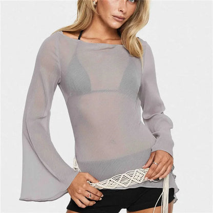 Women's Sheer Mesh Cover Up Top Long Flare Sleeve Backless Tie Open Back Asymmetrical Hem Beachwear Blouse