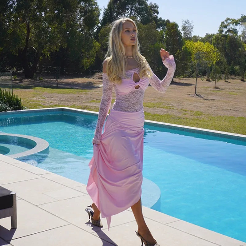 Off Shoulder Long Sleeve High Split Maxi Dresses Woman See Through Lace Patchwork Long Dresses Luxury