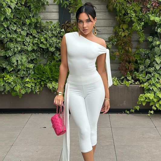 White 2 Piece Lace-up One Shoulder Top Knee Length Pant Coord Sets Women Clothing Elegant Summer Outfits