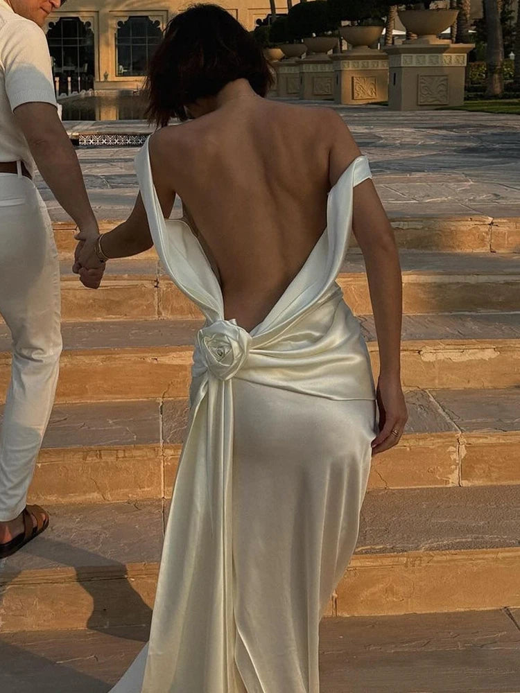 Satin Backless Sexy Maxi Dress For Women Elegant Rose Thigh High Split Beach Holiday Long Dress Gorgeous Club Gown