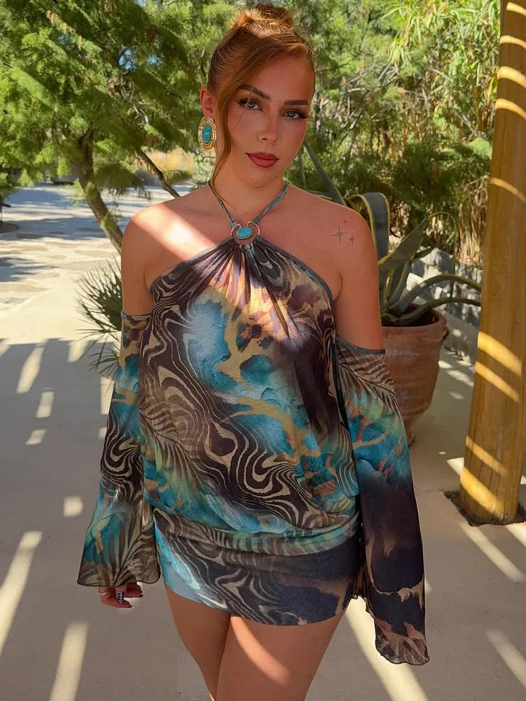 Colorful Print Mini Dress Woman Beads Decoration Halter Off Shoulder Full Sleeve High Street Fashion Style Bodycon